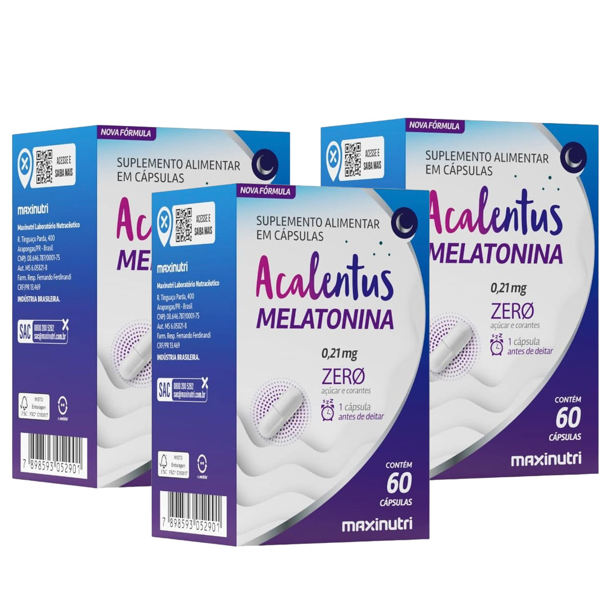 Kit 3 Melatonina 0,21mg Suplemento C/60 Cáps Cada Maxinutri