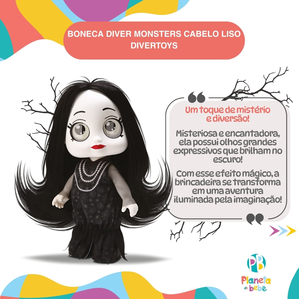 Boneca Diver Monster Olhos Brilha no Escuro Preta Divertoys