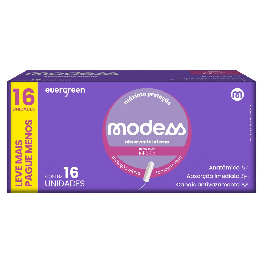 Absorvente Interno Modess Mini Fluxo Leve com 16un Evergreen
