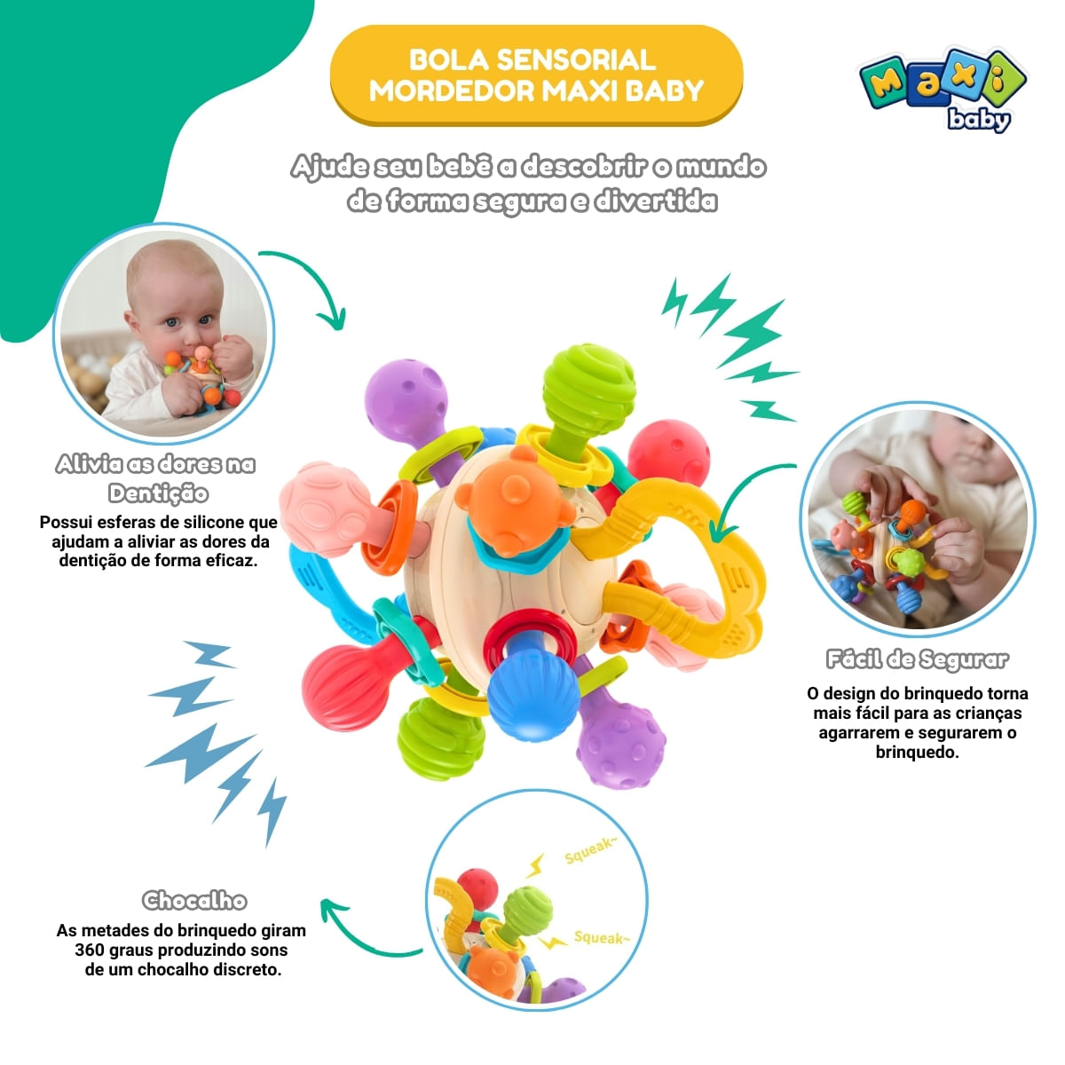 Mordedor Chocalho Bebê Bola Sensorial Massageador Maxi Baby
