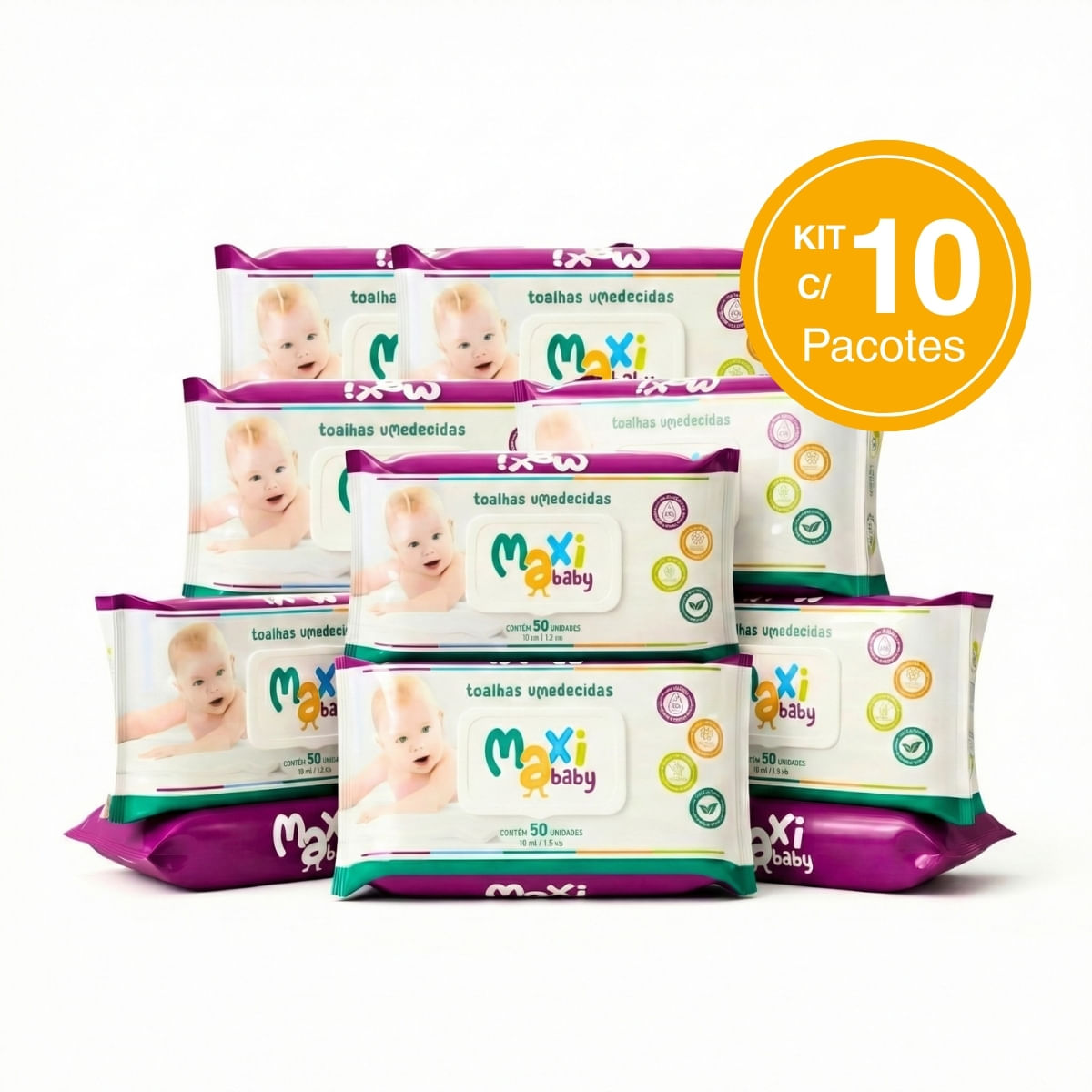 Kit com10 Toalhas Umedecidas Hipoalergênico 50un Cada Maxi Baby