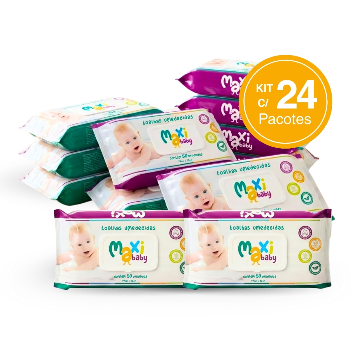 Kit com 24 Toalhas Umedecidas Hipoalergênico 50un Cada Maxi Baby