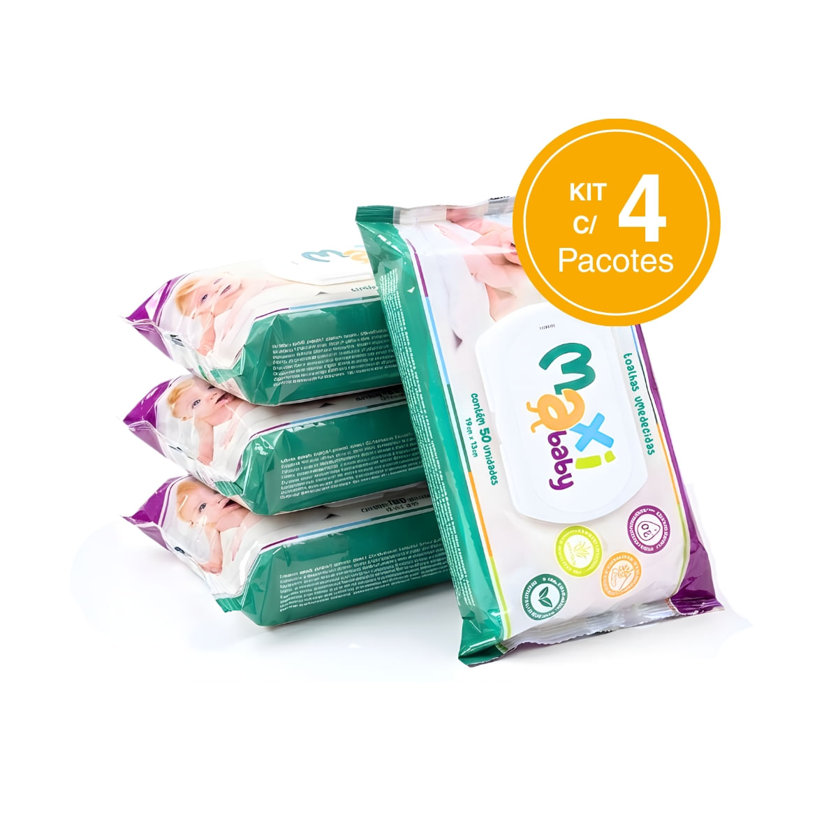 Kit com 4 Toalhas Umedecidas Hipoalergênico 50un Cada Maxi Baby