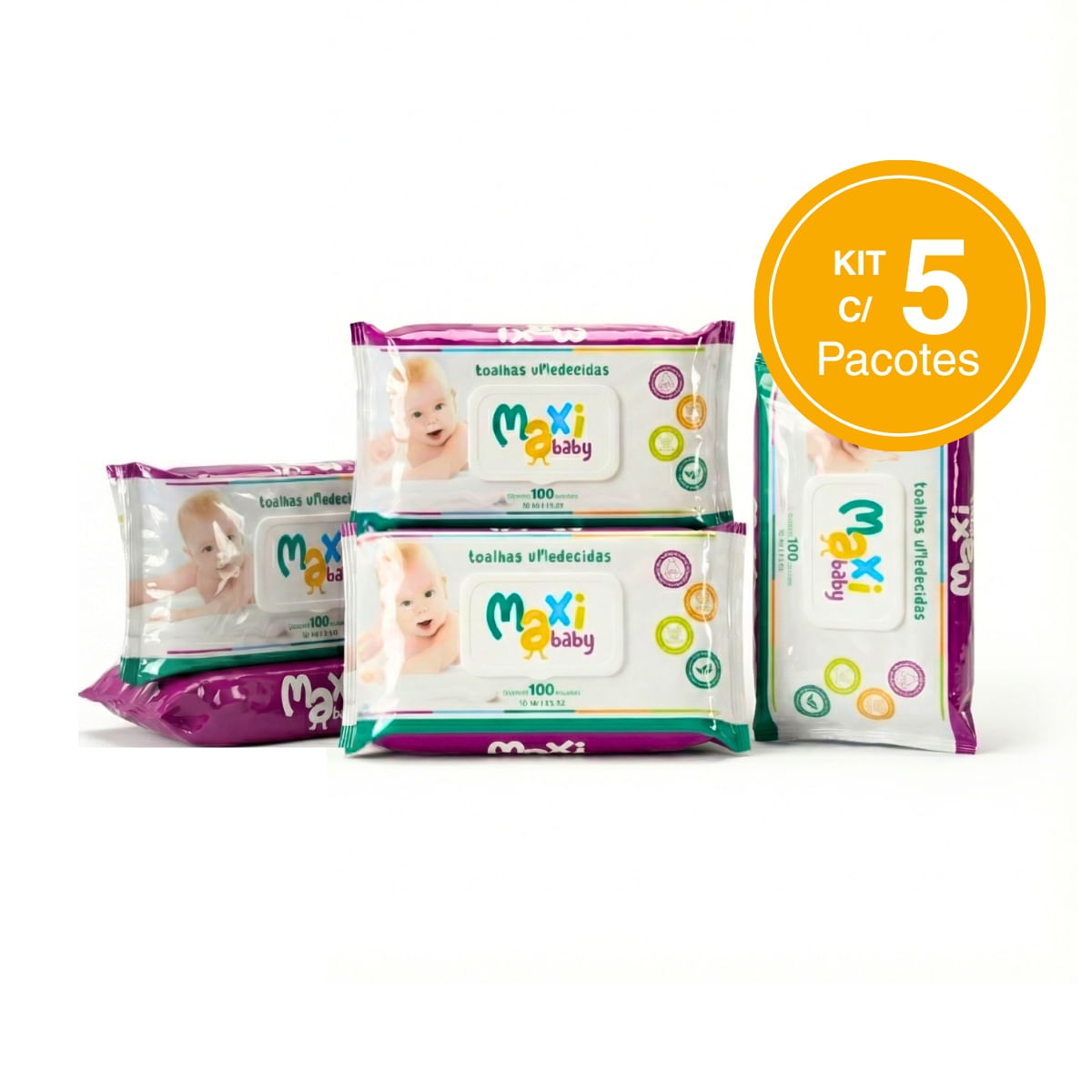 Kit com 5 Toalhas Umedecidas Hipoalergênico 100un Cada Maxi Baby