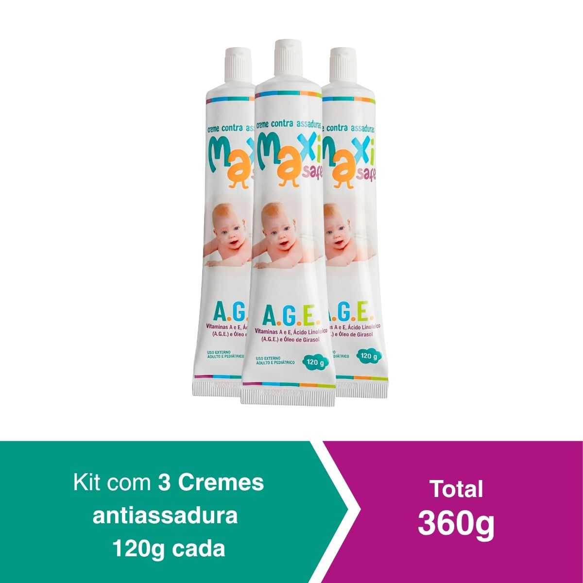kit 3 Creme Pomada Antiassadura Vit A.G.E 360g Maxi Baby