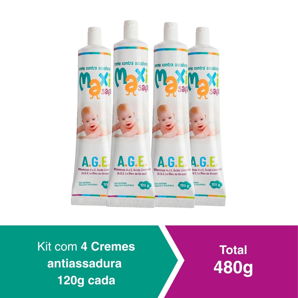 kit 4 Creme Pomada Antiassadura Vit A.G.E 480g Maxi Baby