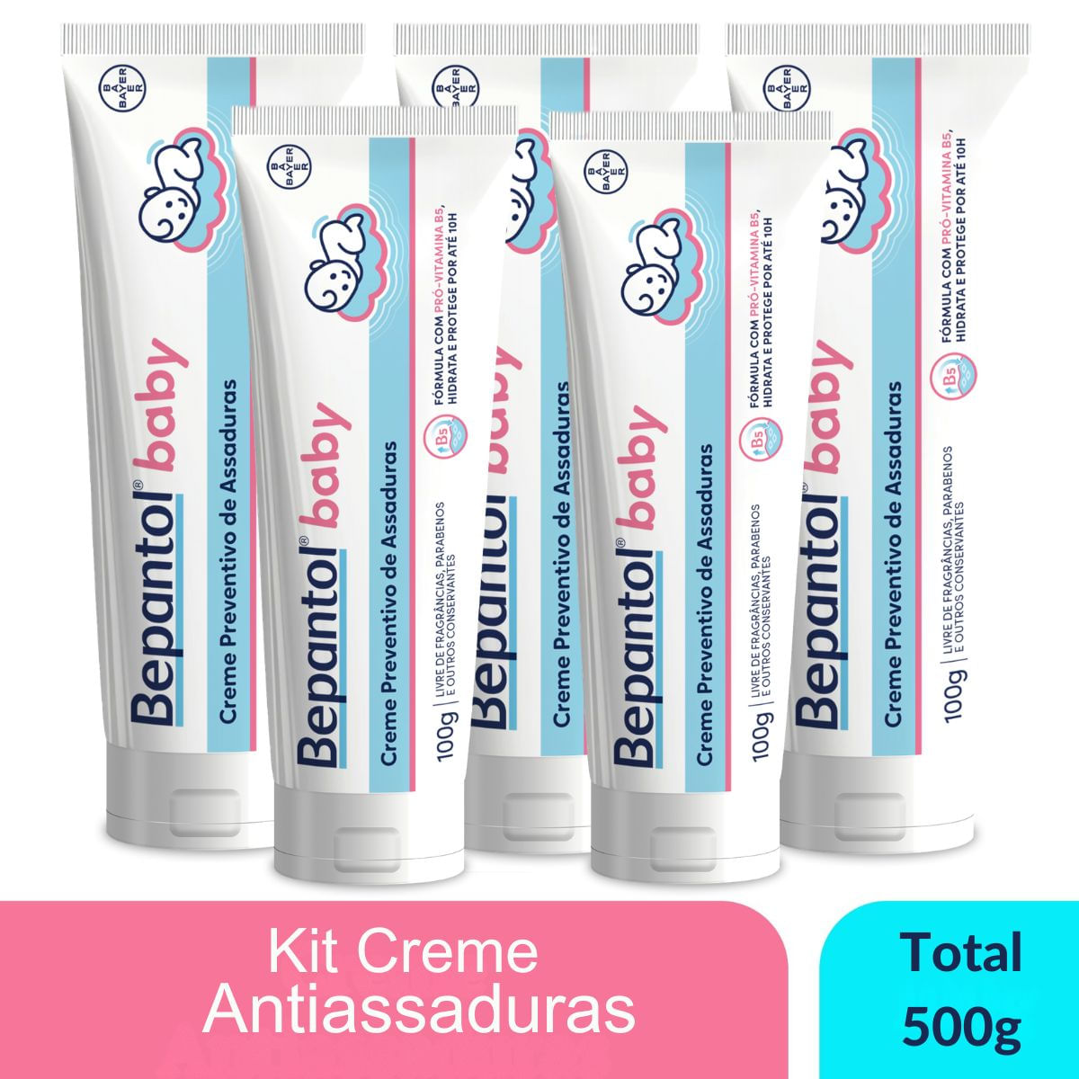 Kit com 5 Cremes Pomada de Assadura Proteção Delicada Com Lanolina e Vitamina B5 100g Cada – Bepantol Baby