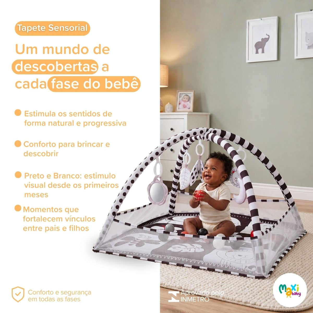 Tapete de Atividades Bebê Piscina de Bolinhas 3x1 Sensorial Preto Branco Maxi Baby